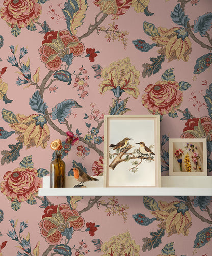 Kianna Jacobean Peel and Stick Wallpaper in Blush by NextWall at Primoends featuring intricate floral and tapestry-inspired patterns in soft pink tones. Luxury removable wallpaper ideal for bedrooms, nurseries, powder rooms, accent walls, and elegant traditional or romantic interior design spaces.