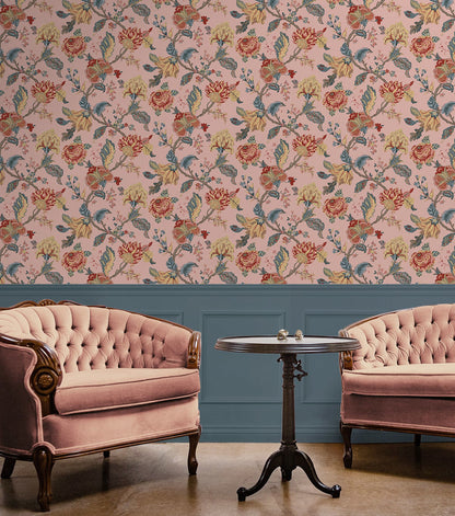 Kianna Jacobean Peel and Stick Wallpaper in Blush by NextWall at Primoends featuring intricate floral and tapestry-inspired patterns in soft pink tones. Luxury removable wallpaper ideal for bedrooms, nurseries, powder rooms, accent walls, and elegant traditional or romantic interior design spaces.
