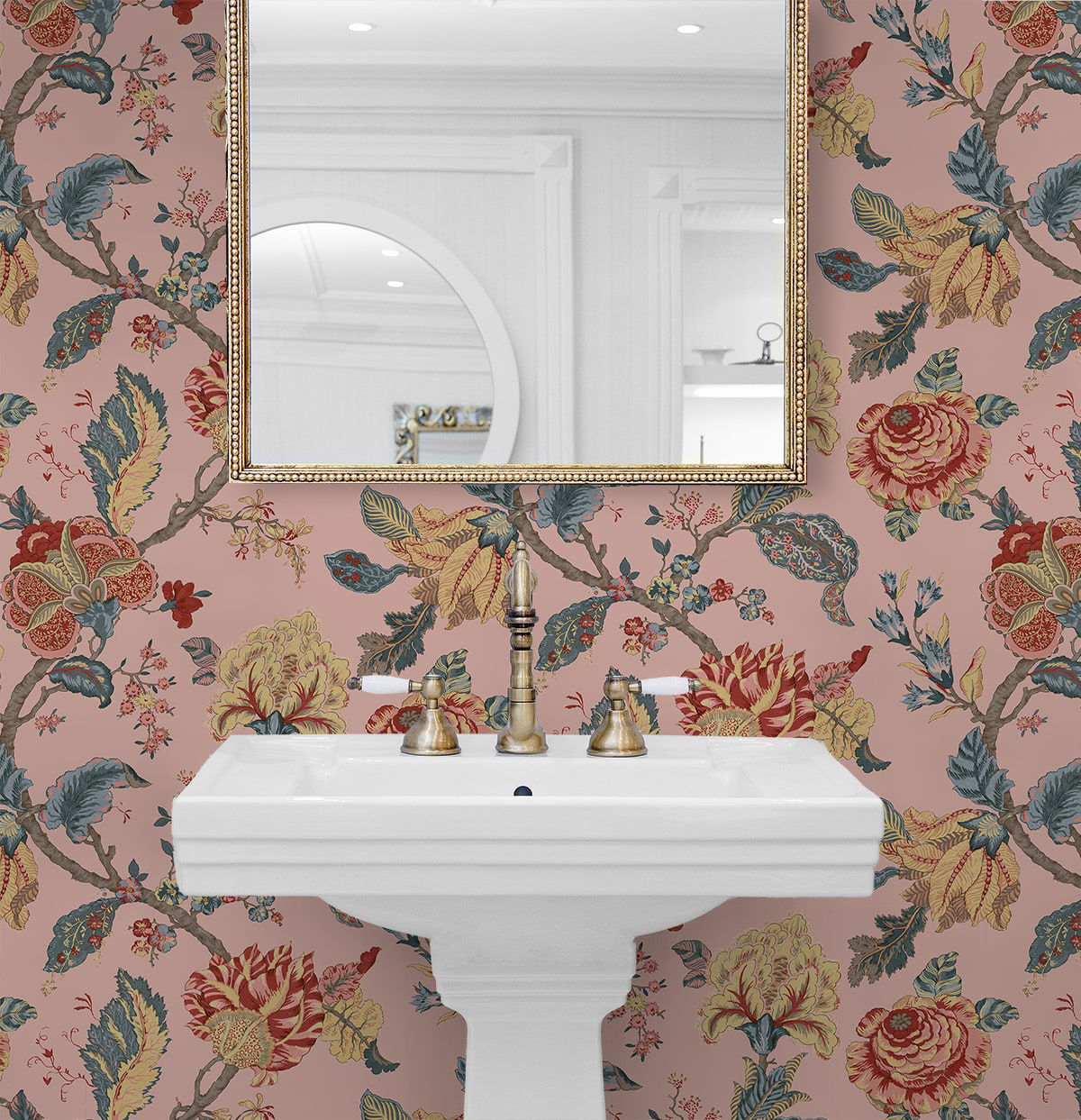 Kianna Jacobean Peel and Stick Wallpaper in Blush by NextWall at Primoends featuring intricate floral and tapestry-inspired patterns in soft pink tones. Luxury removable wallpaper ideal for bedrooms, nurseries, powder rooms, accent walls, and elegant traditional or romantic interior design spaces.
