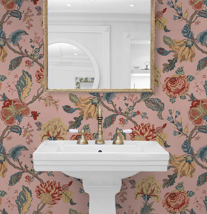 Kianna Jacobean Peel and Stick Wallpaper in Blush by NextWall at Primoends featuring intricate floral and tapestry-inspired patterns in soft pink tones. Luxury removable wallpaper ideal for bedrooms, nurseries, powder rooms, accent walls, and elegant traditional or romantic interior design spaces.