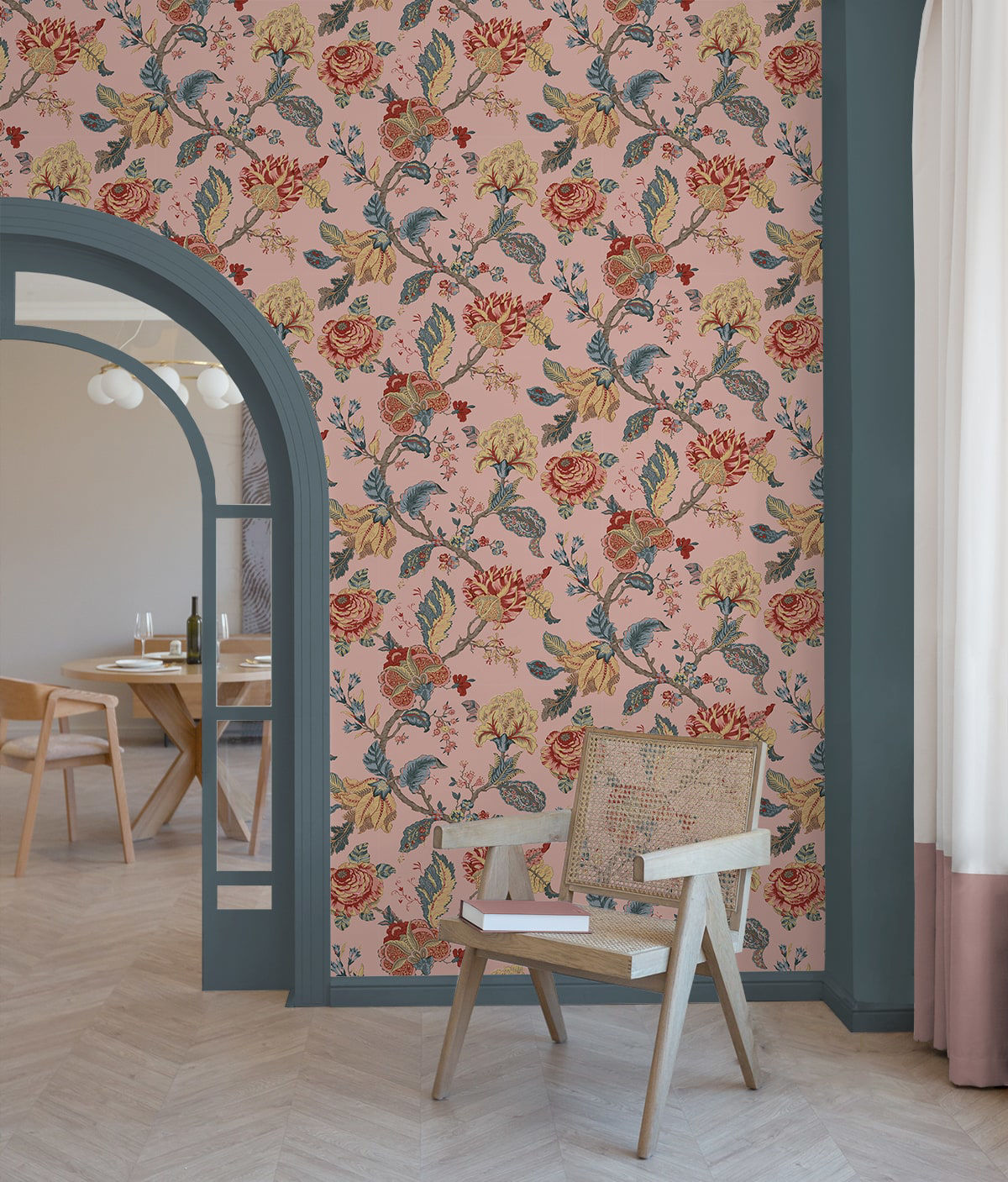 Kianna Jacobean Peel and Stick Wallpaper in Blush by NextWall at Primoends featuring intricate floral and tapestry-inspired patterns in soft pink tones. Luxury removable wallpaper ideal for bedrooms, nurseries, powder rooms, accent walls, and elegant traditional or romantic interior design spaces.