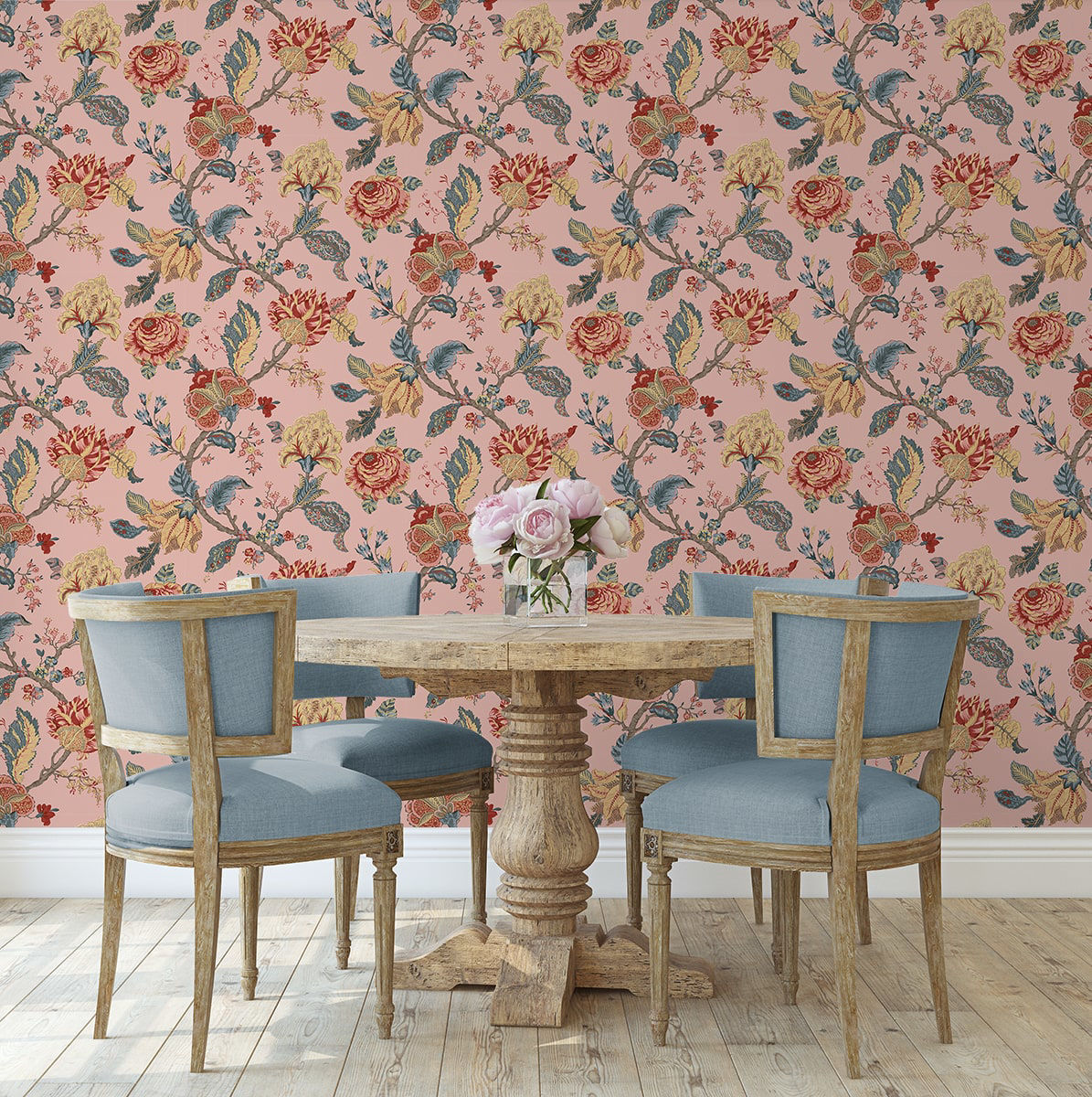 Kianna Jacobean Peel and Stick Wallpaper in Blush by NextWall at Primoends featuring intricate floral and tapestry-inspired patterns in soft pink tones. Luxury removable wallpaper ideal for bedrooms, nurseries, powder rooms, accent walls, and elegant traditional or romantic interior design spaces.