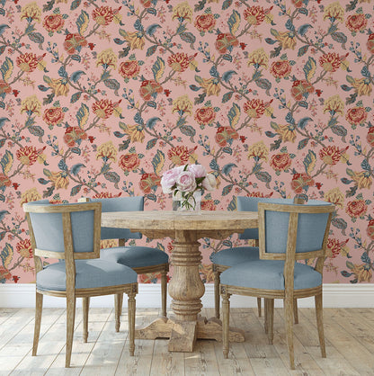 Kianna Jacobean Peel and Stick Wallpaper in Blush by NextWall at Primoends featuring intricate floral and tapestry-inspired patterns in soft pink tones. Luxury removable wallpaper ideal for bedrooms, nurseries, powder rooms, accent walls, and elegant traditional or romantic interior design spaces.