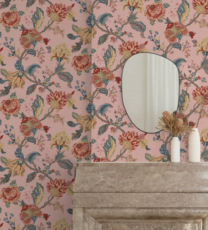 Kianna Jacobean Peel and Stick Wallpaper in Blush by NextWall at Primoends featuring intricate floral and tapestry-inspired patterns in soft pink tones. Luxury removable wallpaper ideal for bedrooms, nurseries, powder rooms, accent walls, and elegant traditional or romantic interior design spaces.