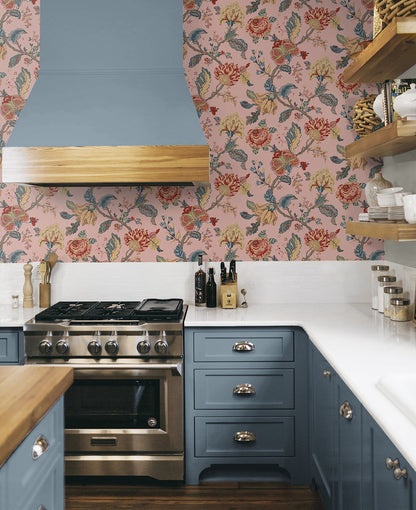 Kianna Jacobean Peel and Stick Wallpaper in Blush by NextWall at Primoends featuring intricate floral and tapestry-inspired patterns in soft pink tones. Luxury removable wallpaper ideal for bedrooms, nurseries, powder rooms, accent walls, and elegant traditional or romantic interior design spaces.