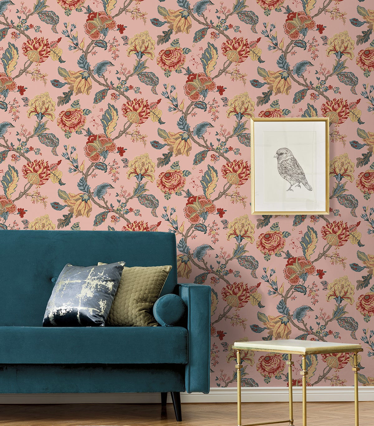 Kianna Jacobean Peel and Stick Wallpaper in Blush by NextWall at Primoends featuring intricate floral and tapestry-inspired patterns in soft pink tones. Luxury removable wallpaper ideal for bedrooms, nurseries, powder rooms, accent walls, and elegant traditional or romantic interior design spaces.