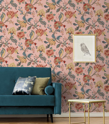 Kianna Jacobean Peel and Stick Wallpaper in Blush by NextWall at Primoends featuring intricate floral and tapestry-inspired patterns in soft pink tones. Luxury removable wallpaper ideal for bedrooms, nurseries, powder rooms, accent walls, and elegant traditional or romantic interior design spaces.
