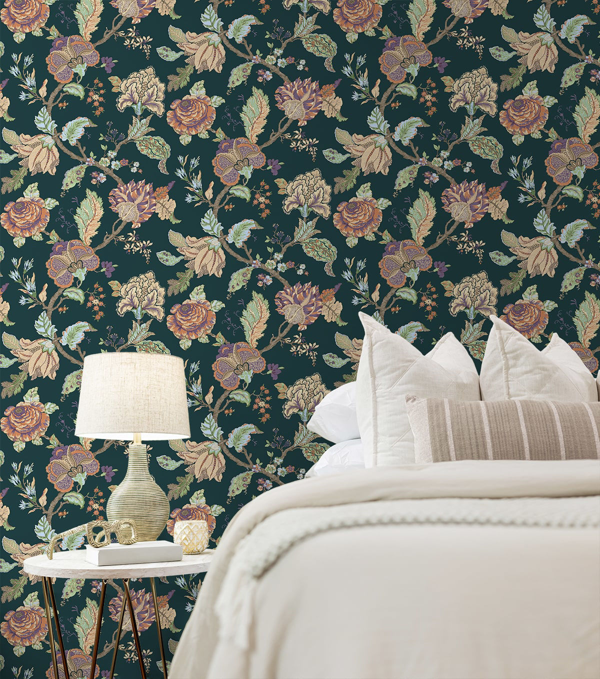 Kianna Jacobean Victorian Jade peel and stick wallpaper with a detailed floral tapestry design in deep green tones and classic Jacobean styling. Removable self-adhesive wallpaper suitable for accent walls in bedrooms, living rooms, dining rooms, bathrooms, offices, hallways, and entryways. Washable and renter-friendly wall covering that adds a vintage botanical elegance and timeless traditional charm to modern and classic interior décor spaces for easy DIY home updates.