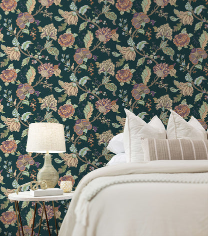 Kianna Jacobean Victorian Jade peel and stick wallpaper with a detailed floral tapestry design in deep green tones and classic Jacobean styling. Removable self-adhesive wallpaper suitable for accent walls in bedrooms, living rooms, dining rooms, bathrooms, offices, hallways, and entryways. Washable and renter-friendly wall covering that adds a vintage botanical elegance and timeless traditional charm to modern and classic interior décor spaces for easy DIY home updates.