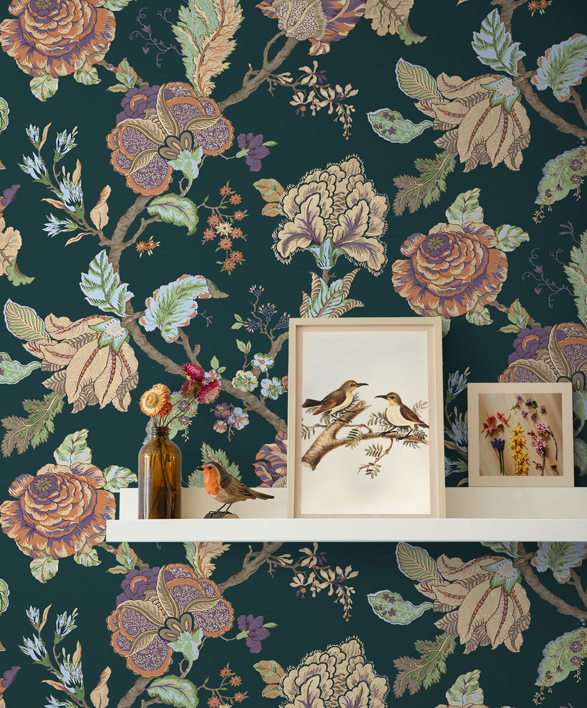 Kianna Jacobean Victorian Jade peel and stick wallpaper featuring an elegant floral Jacobean tapestry pattern in rich green tones. Removable self-adhesive wallpaper ideal for accent walls in bedrooms, living rooms, dining rooms, bathrooms, offices, hallways, and entryways. Washable, renter-friendly wall covering that brings a timeless vintage-inspired aesthetic, blending traditional botanical design with modern DIY home décor convenience.