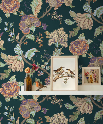 Kianna Jacobean Victorian Jade peel and stick wallpaper featuring an elegant floral Jacobean tapestry pattern in rich green tones. Removable self-adhesive wallpaper ideal for accent walls in bedrooms, living rooms, dining rooms, bathrooms, offices, hallways, and entryways. Washable, renter-friendly wall covering that brings a timeless vintage-inspired aesthetic, blending traditional botanical design with modern DIY home décor convenience.