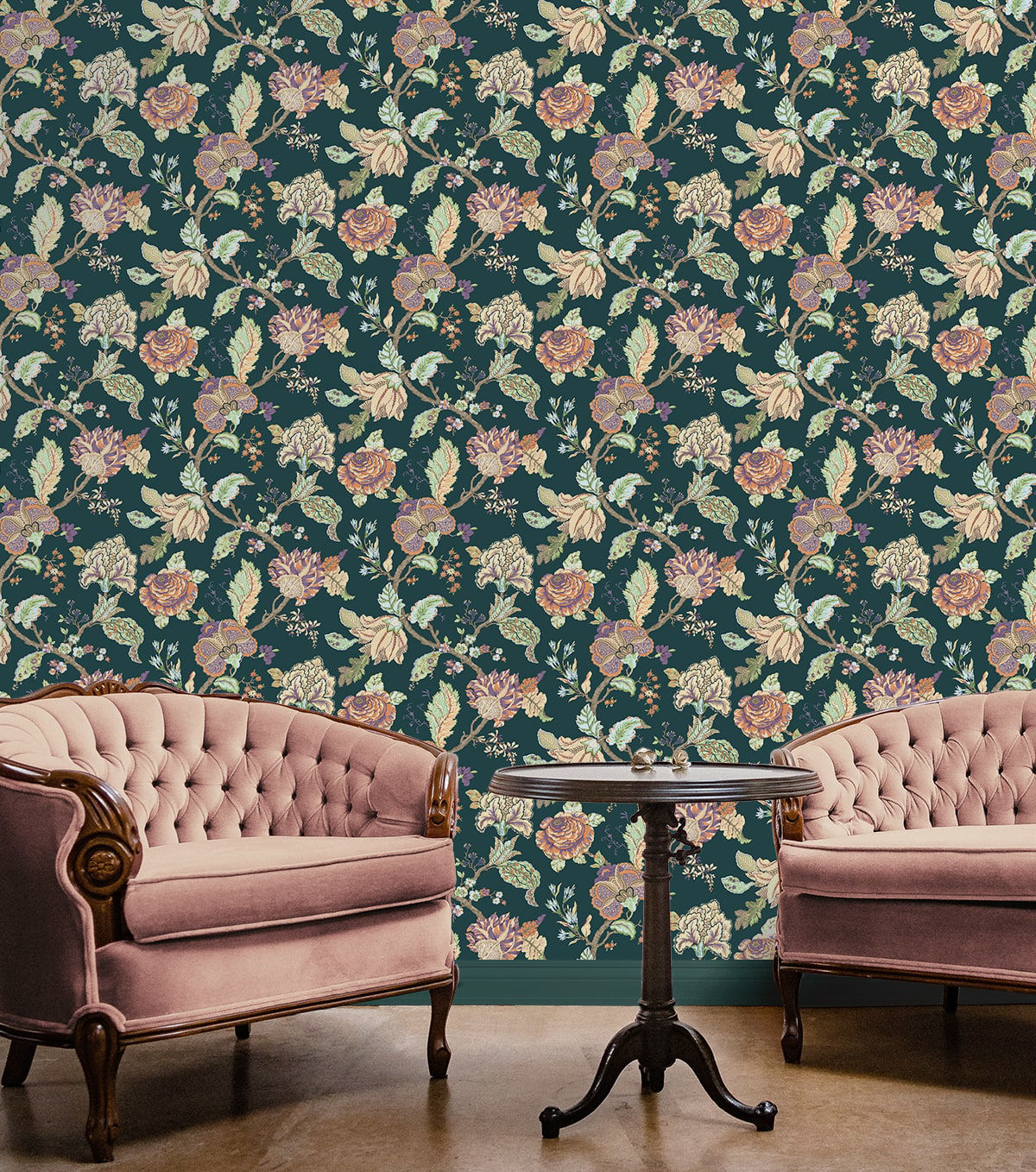 Kianna Jacobean Victorian Jade peel and stick wallpaper with a detailed floral tapestry design in deep green tones and classic Jacobean styling. Removable self-adhesive wallpaper suitable for accent walls in bedrooms, living rooms, dining rooms, bathrooms, offices, hallways, and entryways. Washable and renter-friendly wall covering that adds a vintage botanical elegance and timeless traditional charm to modern and classic interior décor spaces for easy DIY home updates.