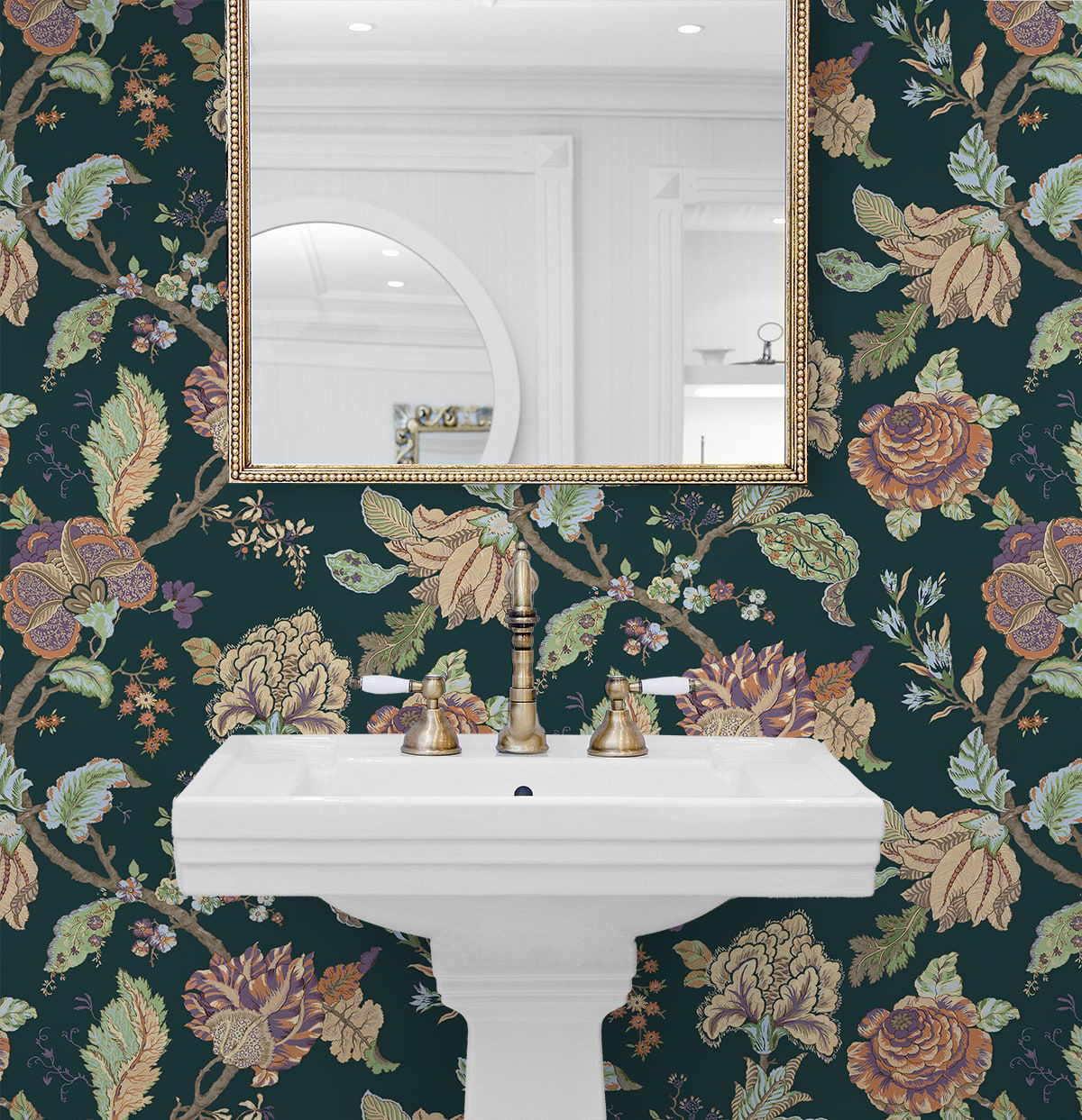 Kianna Jacobean Victorian Jade peel and stick wallpaper featuring an elegant floral Jacobean tapestry pattern in rich green tones. Removable self-adhesive wallpaper ideal for accent walls in bedrooms, living rooms, dining rooms, bathrooms, offices, hallways, and entryways. Washable, renter-friendly wall covering that brings a timeless vintage-inspired aesthetic, blending traditional botanical design with modern DIY home décor convenience.