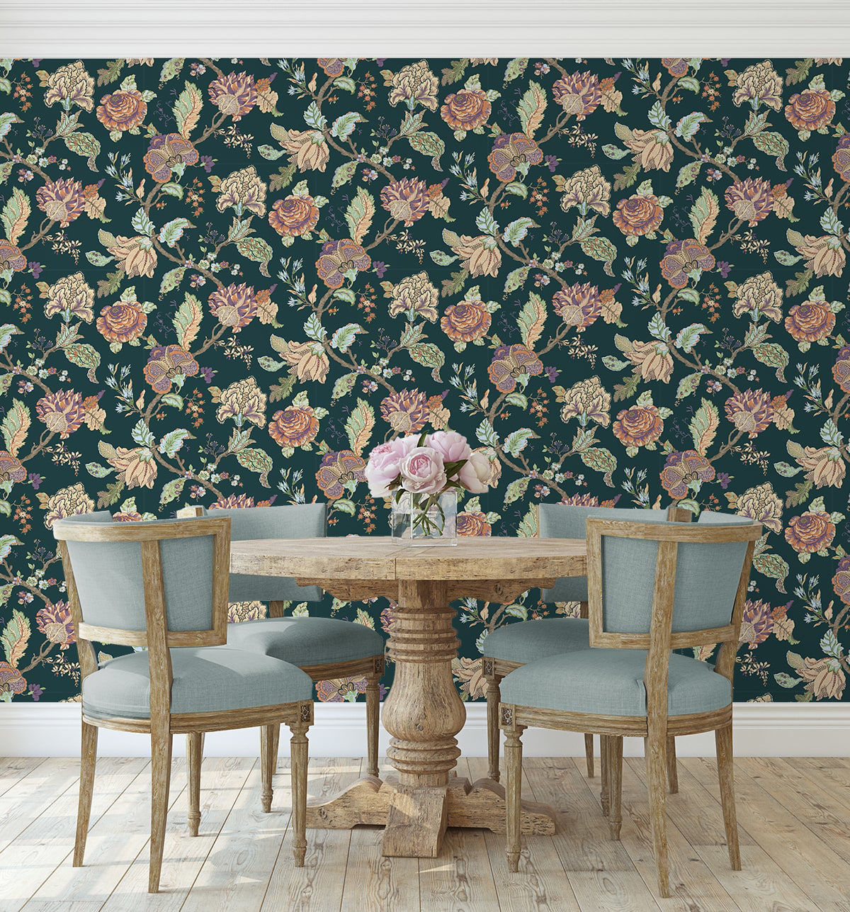 Kianna Jacobean Victorian Jade peel and stick wallpaper featuring an elegant floral Jacobean tapestry pattern in rich green tones. Removable self-adhesive wallpaper ideal for accent walls in bedrooms, living rooms, dining rooms, bathrooms, offices, hallways, and entryways. Washable, renter-friendly wall covering that brings a timeless vintage-inspired aesthetic, blending traditional botanical design with modern DIY home décor convenience.