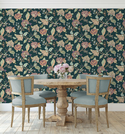 Kianna Jacobean Victorian Jade peel and stick wallpaper featuring an elegant floral Jacobean tapestry pattern in rich green tones. Removable self-adhesive wallpaper ideal for accent walls in bedrooms, living rooms, dining rooms, bathrooms, offices, hallways, and entryways. Washable, renter-friendly wall covering that brings a timeless vintage-inspired aesthetic, blending traditional botanical design with modern DIY home décor convenience.