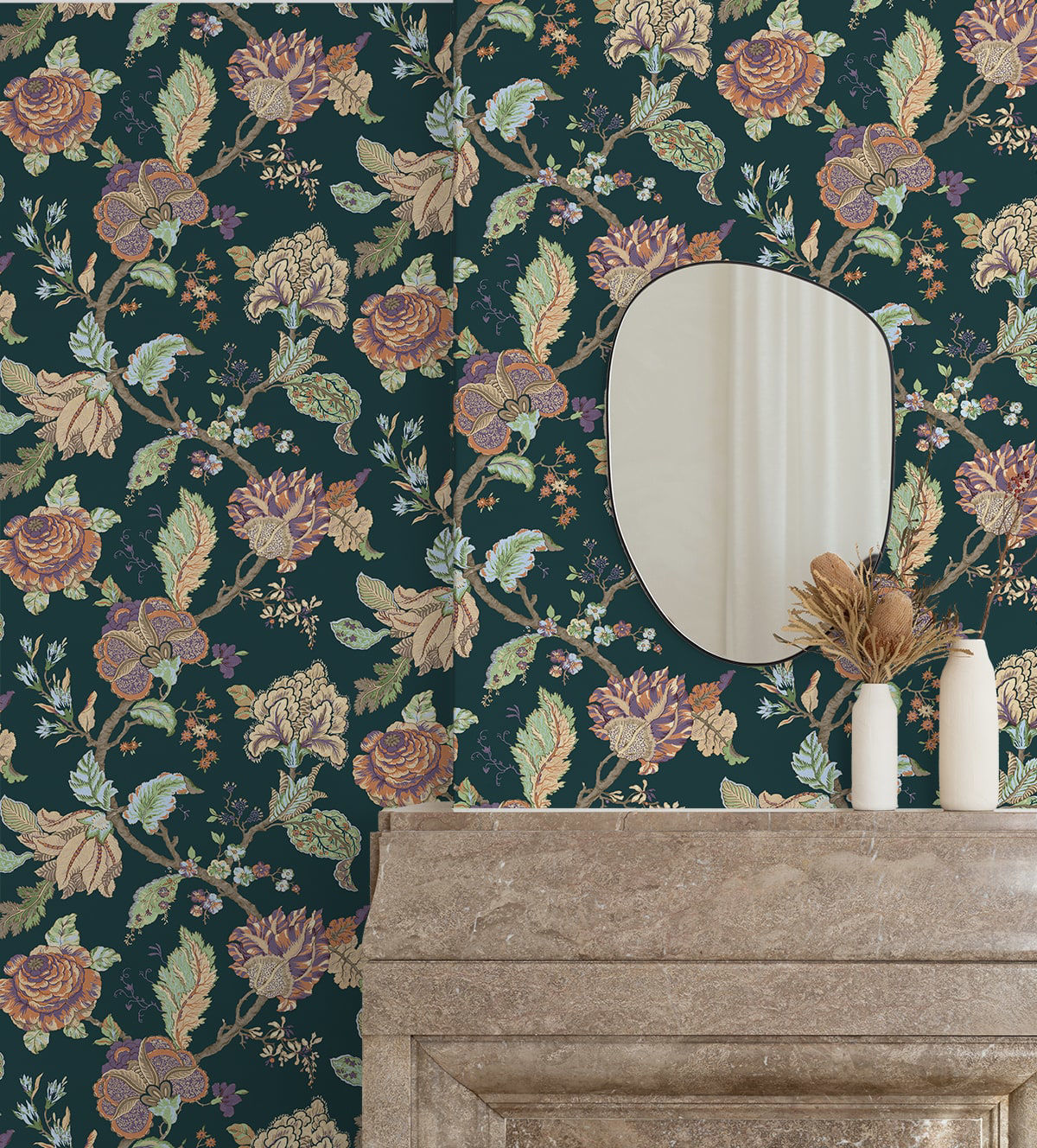 Kianna Jacobean Victorian Jade peel and stick wallpaper with a detailed floral tapestry design in deep green tones and classic Jacobean styling. Removable self-adhesive wallpaper suitable for accent walls in bedrooms, living rooms, dining rooms, bathrooms, offices, hallways, and entryways. Washable and renter-friendly wall covering that adds a vintage botanical elegance and timeless traditional charm to modern and classic interior décor spaces for easy DIY home updates.