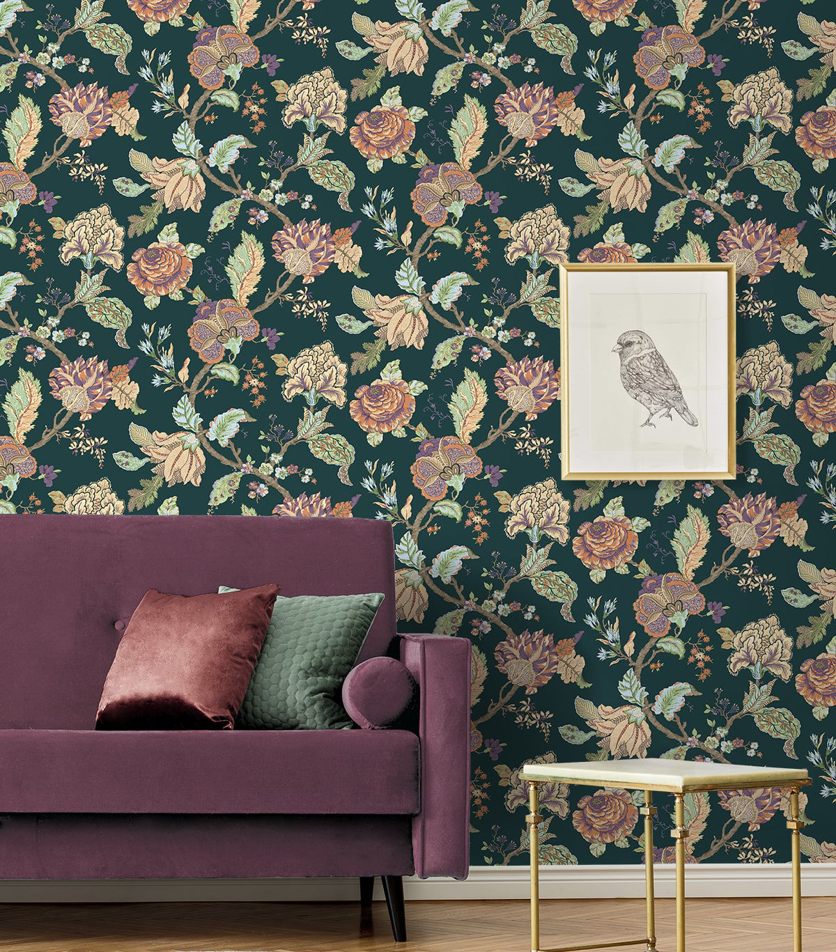 Kianna Jacobean Victorian Jade peel and stick wallpaper featuring an elegant floral Jacobean tapestry pattern in rich green tones. Removable self-adhesive wallpaper ideal for accent walls in bedrooms, living rooms, dining rooms, bathrooms, offices, hallways, and entryways. Washable, renter-friendly wall covering that brings a timeless vintage-inspired aesthetic, blending traditional botanical design with modern DIY home décor convenience.