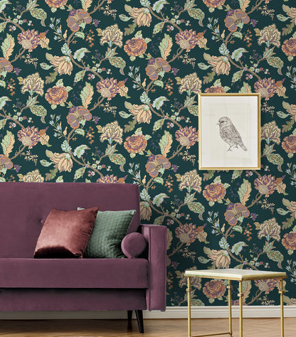 Kianna Jacobean Victorian Jade peel and stick wallpaper featuring an elegant floral Jacobean tapestry pattern in rich green tones. Removable self-adhesive wallpaper ideal for accent walls in bedrooms, living rooms, dining rooms, bathrooms, offices, hallways, and entryways. Washable, renter-friendly wall covering that brings a timeless vintage-inspired aesthetic, blending traditional botanical design with modern DIY home décor convenience.