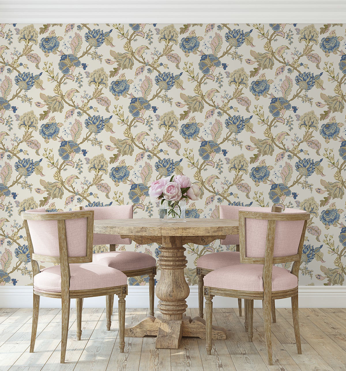 Warm neutral Kianna Jacobean peel and stick wallpaper in parchment featuring elegant tapestry floral pattern with half-drop repeat, removable and washable design ideal for accent walls, bedrooms, living rooms, and renter-friendly home decor styling.