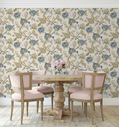 Warm neutral Kianna Jacobean peel and stick wallpaper in parchment featuring elegant tapestry floral pattern with half-drop repeat, removable and washable design ideal for accent walls, bedrooms, living rooms, and renter-friendly home decor styling.
