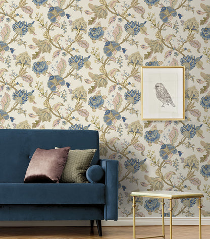 Warm neutral Kianna Jacobean peel and stick wallpaper in parchment featuring elegant tapestry floral pattern with half-drop repeat, removable and washable design ideal for accent walls, bedrooms, living rooms, and renter-friendly home decor styling.