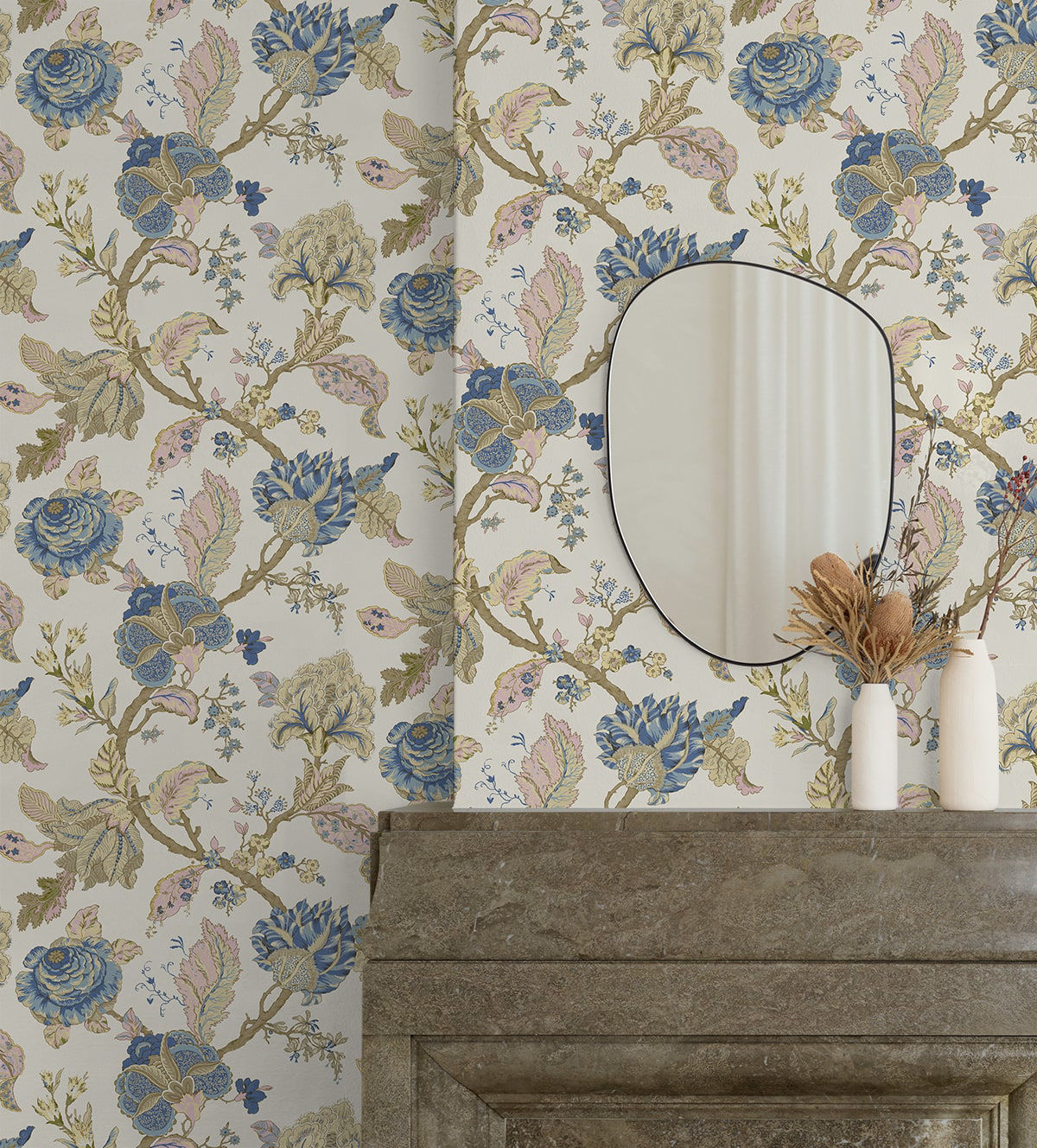 Warm neutral Kianna Jacobean peel and stick wallpaper in parchment featuring elegant tapestry floral pattern with half-drop repeat, removable and washable design ideal for accent walls, bedrooms, living rooms, and renter-friendly home decor styling.