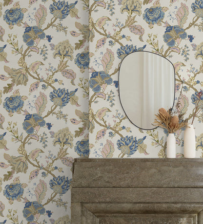 Warm neutral Kianna Jacobean peel and stick wallpaper in parchment featuring elegant tapestry floral pattern with half-drop repeat, removable and washable design ideal for accent walls, bedrooms, living rooms, and renter-friendly home decor styling.
