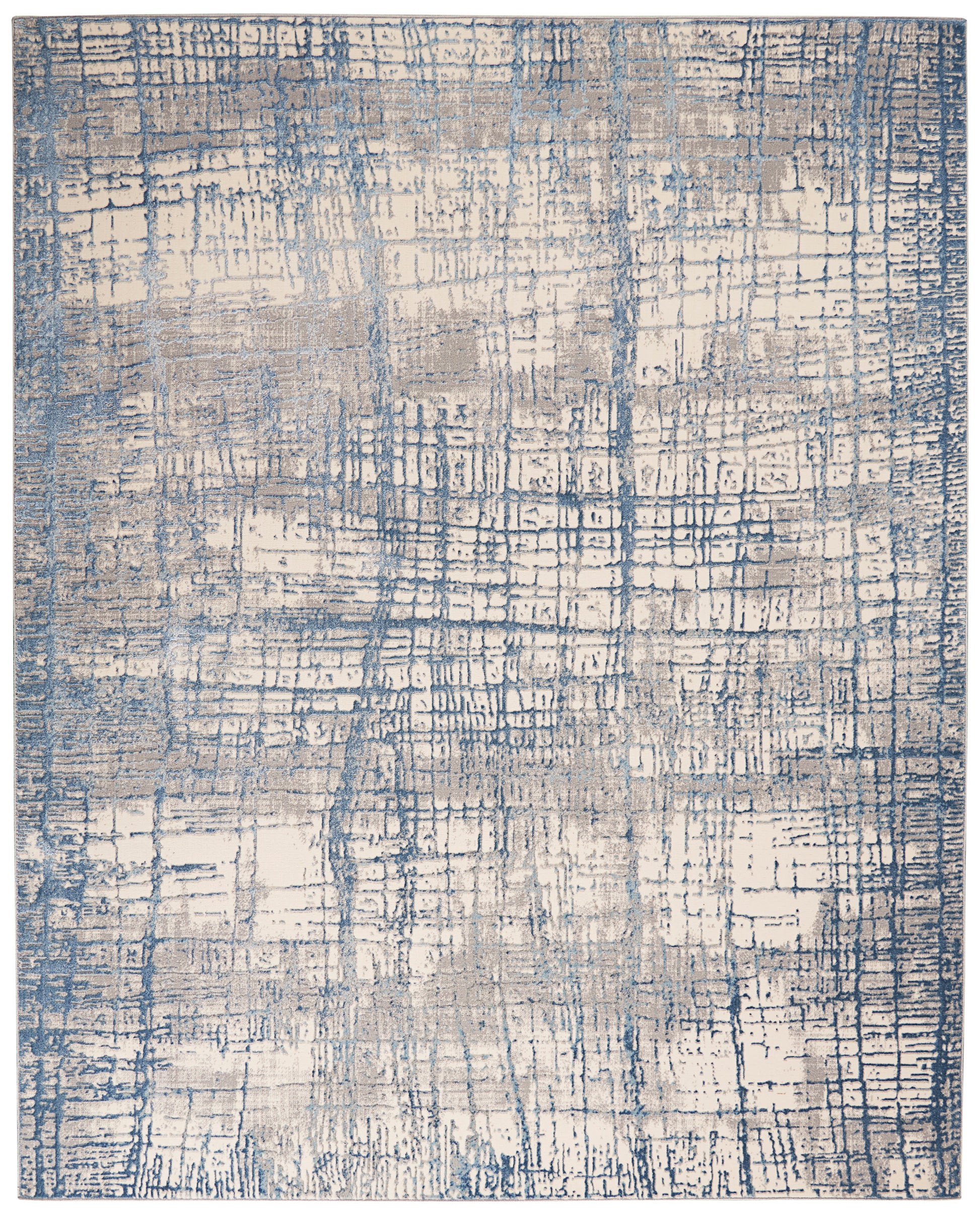Blue and cream abstract area rug with a grid-like lattice pattern and distressed texture; contemporary style, 8' x 10'.