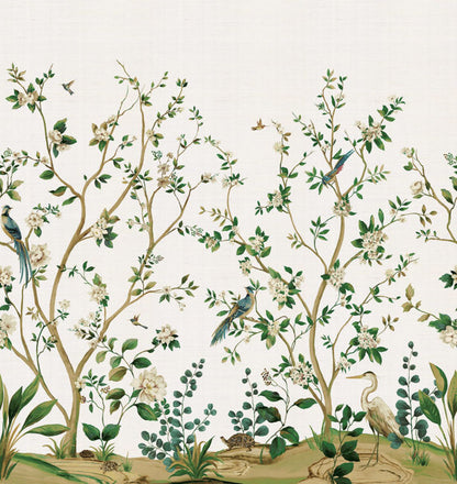 Silver-toned botanical mural with slender branches, white blossoms, green leaves and herons; nature-inspired wall art
