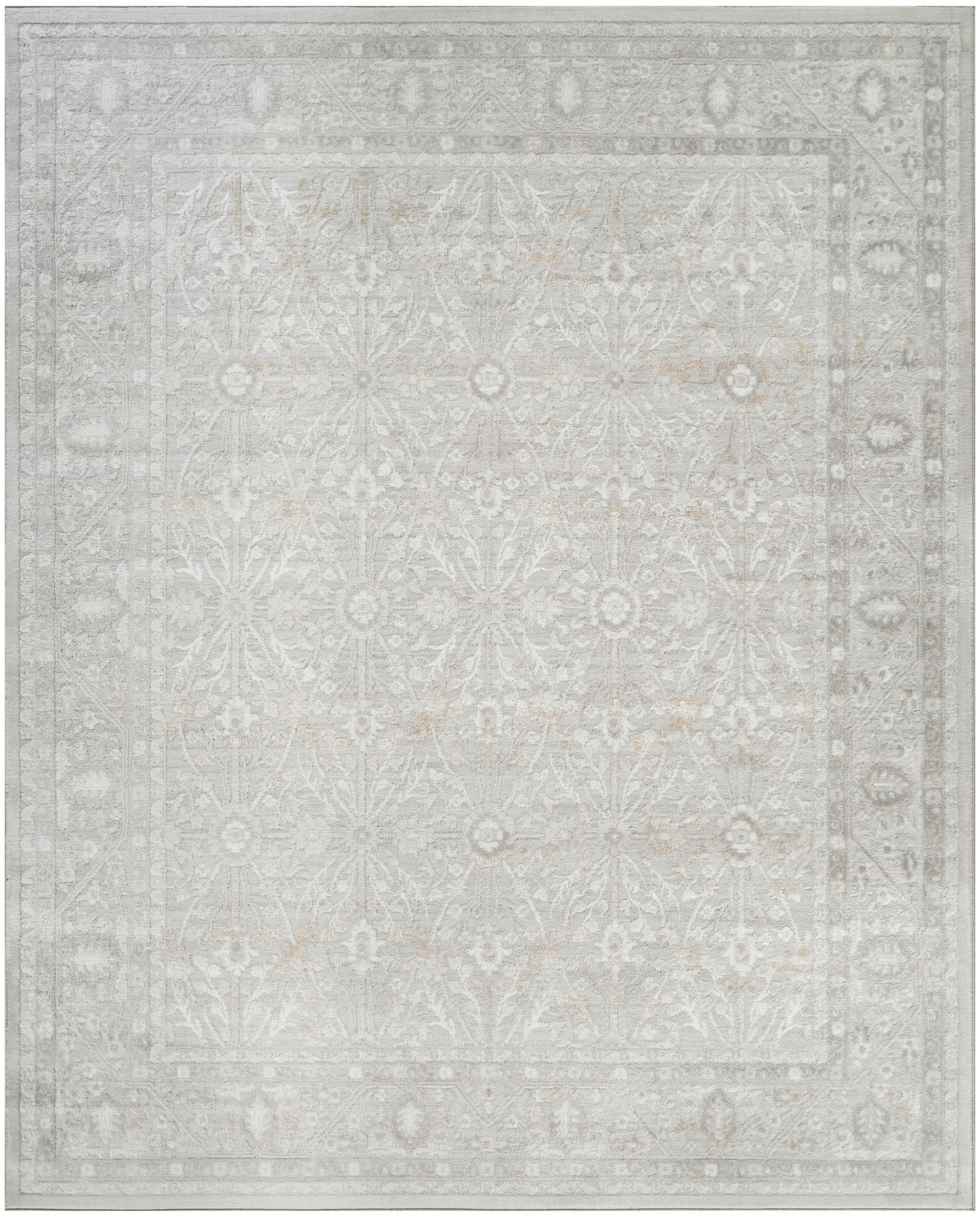 Rectangular light-gray oriental rug with pale ivory damask motifs and a decorative border; vintage distressed style.
