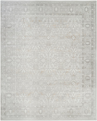 Rectangular light-gray oriental rug with pale ivory damask motifs and a decorative border; vintage distressed style.
