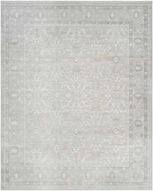 Rectangular light-gray oriental rug with pale ivory damask motifs and a decorative border; vintage distressed style.
