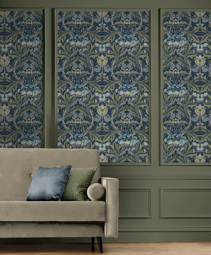 Acanthus Floral peel and stick wallpaper by NextWall in Denim and Sage featuring elegant botanical floral design, removable and washable, ideal for accent walls, rentals, and modern interior styling.