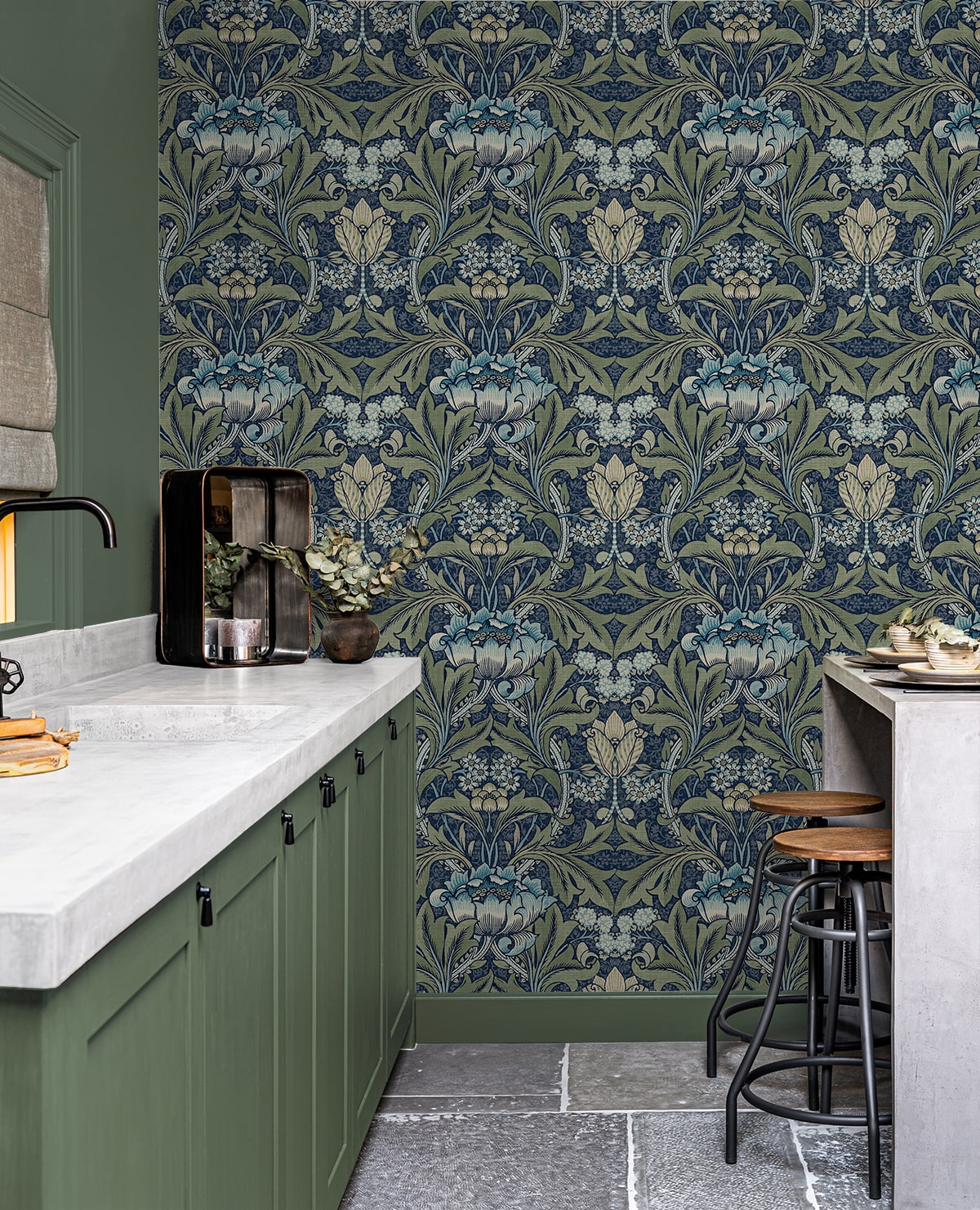 Acanthus Floral peel and stick wallpaper by NextWall in Denim and Sage featuring elegant botanical floral design, removable and washable, ideal for accent walls, rentals, and modern interior styling.