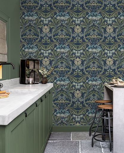 Acanthus Floral peel and stick wallpaper by NextWall in Denim and Sage featuring elegant botanical floral design, removable and washable, ideal for accent walls, rentals, and modern interior styling.