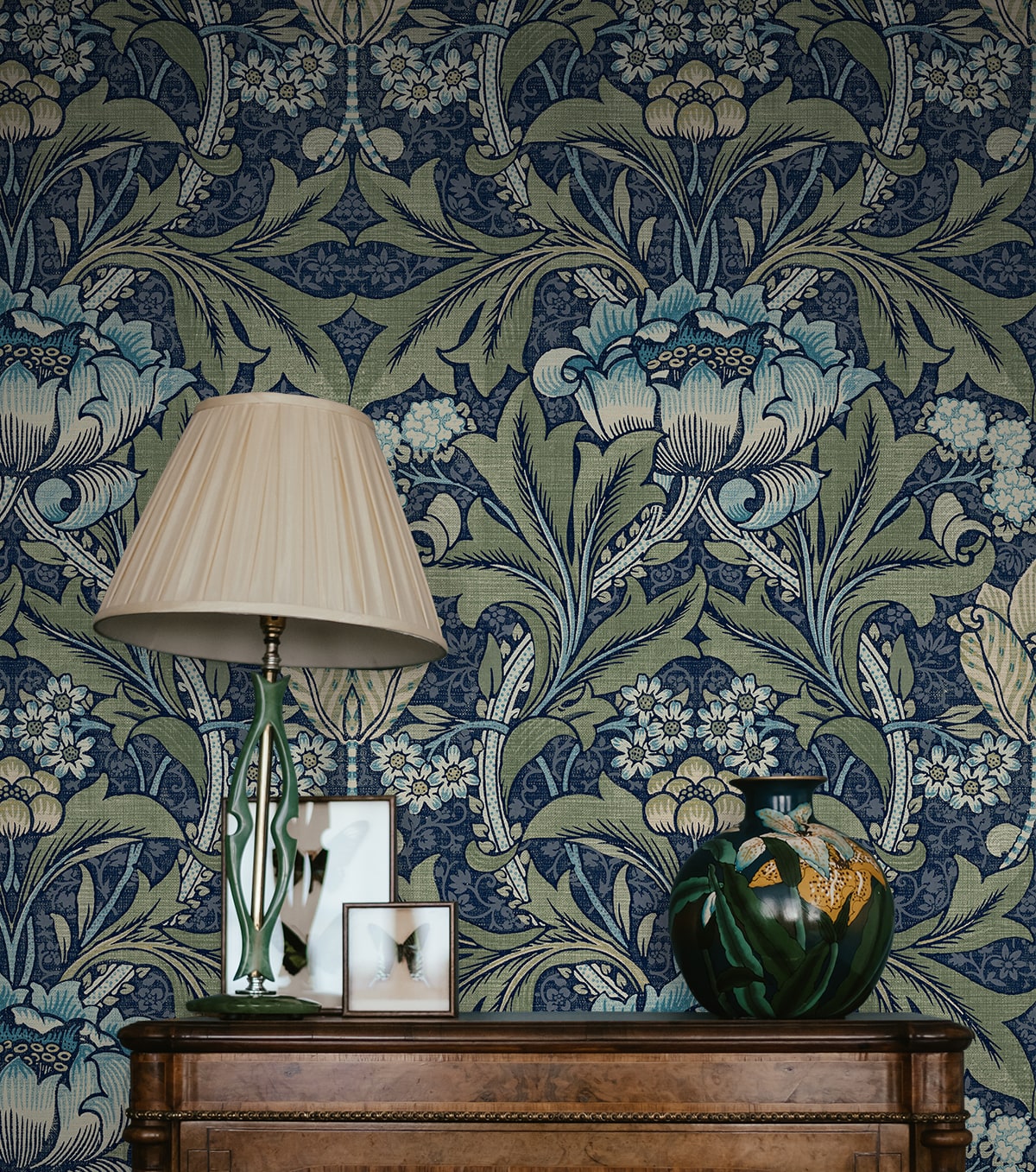 Acanthus Floral peel and stick wallpaper by NextWall in Denim and Sage featuring elegant botanical floral design, removable and washable, ideal for accent walls, rentals, and modern interior styling.