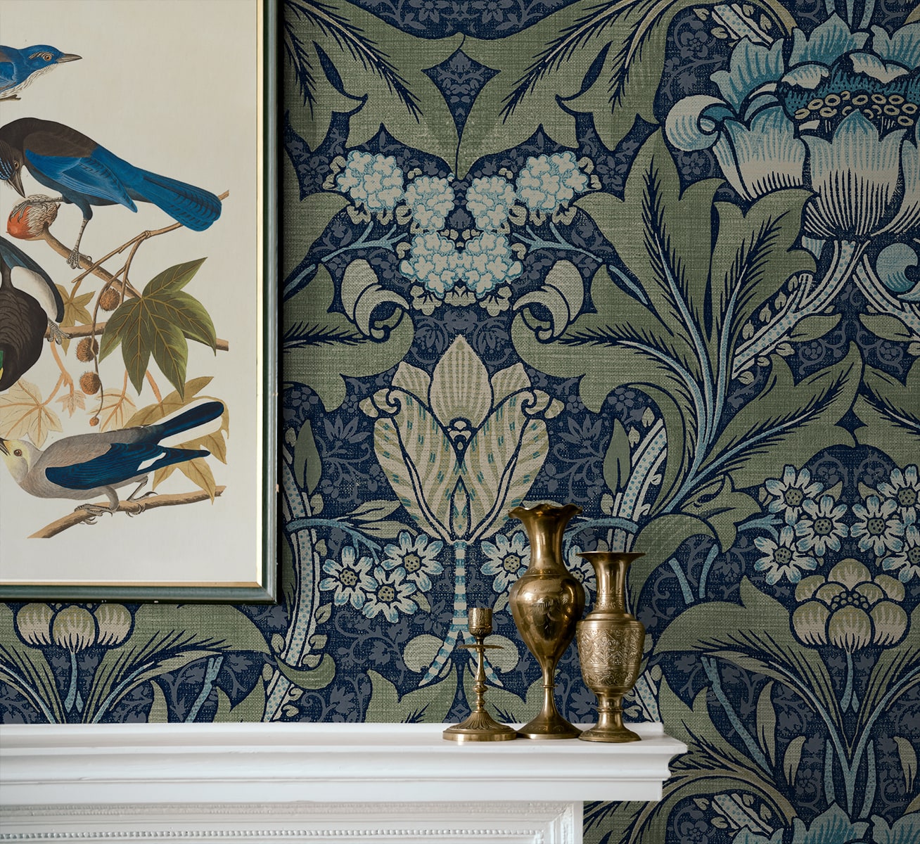 Acanthus Floral peel and stick wallpaper by NextWall in Denim and Sage featuring elegant botanical floral design, removable and washable, ideal for accent walls, rentals, and modern interior styling.