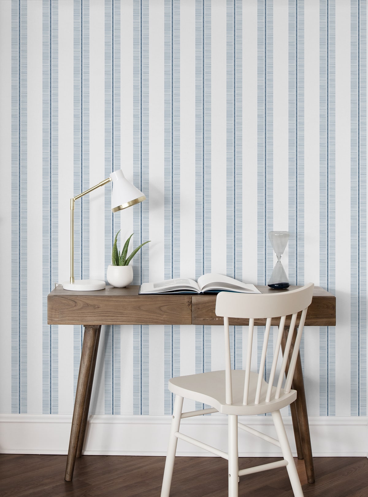 blue stripe peel and stick wallpaper with beach towel design, coastal striped removable wallpaper in blue tones, nautical wall decor for bathrooms bedrooms and accent walls, easy install renter friendly wallpaper