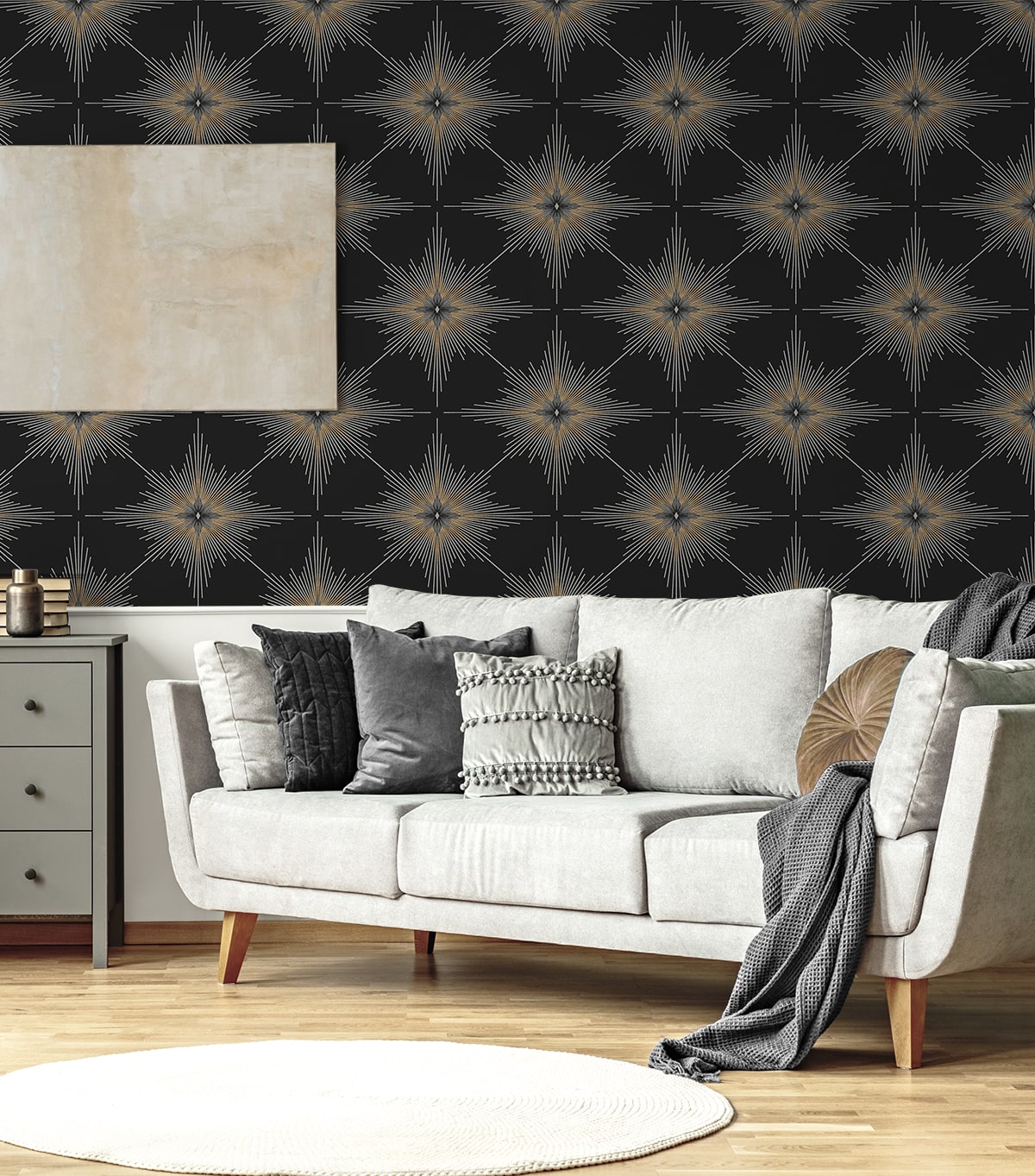 Stellar Geo Ebony peel and stick wallpaper with a striking geometric star pattern in rich black tones. Modern removable self-adhesive wallpaper designed for accent walls in bedrooms, living rooms, dining rooms, offices, hallways, and entryways. Washable and renter-friendly wall covering that creates a bold, contemporary statement and adds depth, contrast, and minimalist-industrial style to modern interiors and DIY home décor projects.