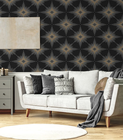 Stellar Geo Ebony peel and stick wallpaper with a striking geometric star pattern in rich black tones. Modern removable self-adhesive wallpaper designed for accent walls in bedrooms, living rooms, dining rooms, offices, hallways, and entryways. Washable and renter-friendly wall covering that creates a bold, contemporary statement and adds depth, contrast, and minimalist-industrial style to modern interiors and DIY home décor projects.