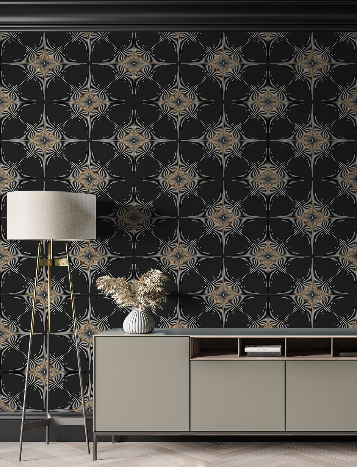 Stellar Geo Ebony peel and stick wallpaper featuring a bold modern geometric star pattern in deep black tones. Removable self-adhesive wallpaper ideal for accent walls in bedrooms, living rooms, dining rooms, offices, hallways, and entryways. Washable, renter-friendly wall covering that adds dramatic contrast and contemporary style to industrial, minimalist, and modern interior design spaces for easy DIY home décor updates.