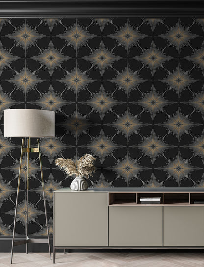 Stellar Geo Ebony peel and stick wallpaper featuring a bold modern geometric star pattern in deep black tones. Removable self-adhesive wallpaper ideal for accent walls in bedrooms, living rooms, dining rooms, offices, hallways, and entryways. Washable, renter-friendly wall covering that adds dramatic contrast and contemporary style to industrial, minimalist, and modern interior design spaces for easy DIY home décor updates.