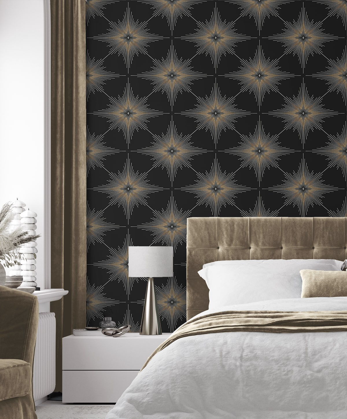 Stellar Geo Ebony peel and stick wallpaper with a striking geometric star pattern in rich black tones. Modern removable self-adhesive wallpaper designed for accent walls in bedrooms, living rooms, dining rooms, offices, hallways, and entryways. Washable and renter-friendly wall covering that creates a bold, contemporary statement and adds depth, contrast, and minimalist-industrial style to modern interiors and DIY home décor projects.