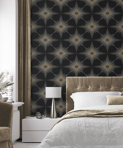 Stellar Geo Ebony peel and stick wallpaper with a striking geometric star pattern in rich black tones. Modern removable self-adhesive wallpaper designed for accent walls in bedrooms, living rooms, dining rooms, offices, hallways, and entryways. Washable and renter-friendly wall covering that creates a bold, contemporary statement and adds depth, contrast, and minimalist-industrial style to modern interiors and DIY home décor projects.
