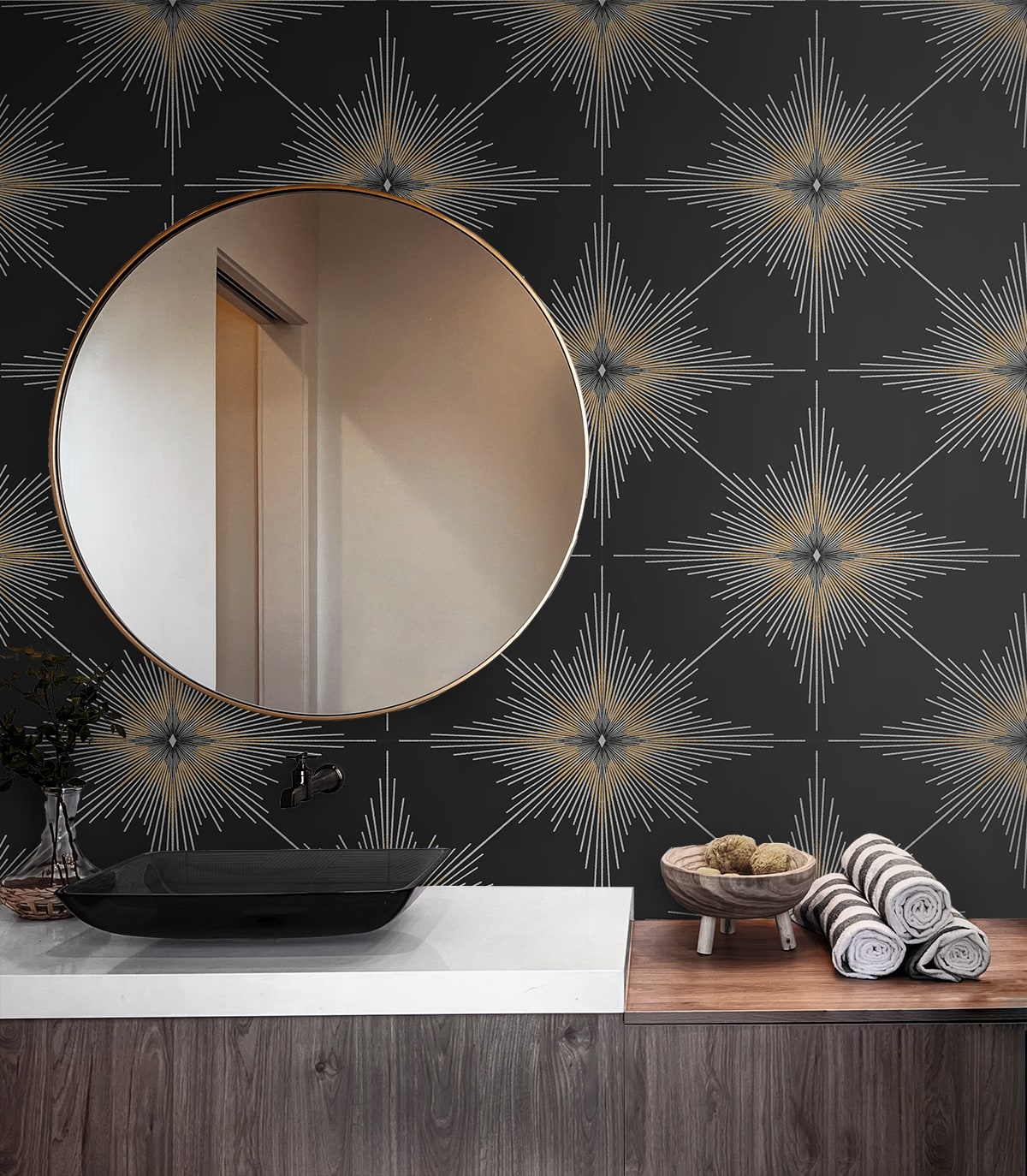 Stellar Geo Ebony peel and stick wallpaper with a striking geometric star pattern in rich black tones. Modern removable self-adhesive wallpaper designed for accent walls in bedrooms, living rooms, dining rooms, offices, hallways, and entryways. Washable and renter-friendly wall covering that creates a bold, contemporary statement and adds depth, contrast, and minimalist-industrial style to modern interiors and DIY home décor projects.