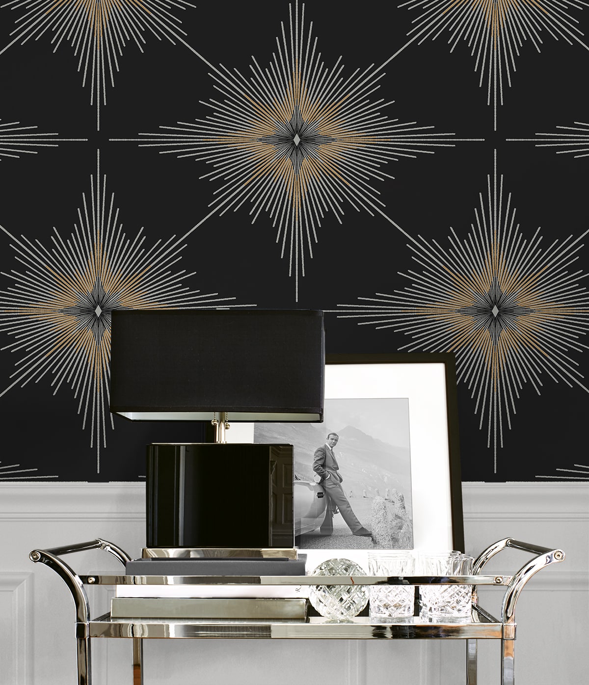 Stellar Geo Ebony peel and stick wallpaper with a striking geometric star pattern in rich black tones. Modern removable self-adhesive wallpaper designed for accent walls in bedrooms, living rooms, dining rooms, offices, hallways, and entryways. Washable and renter-friendly wall covering that creates a bold, contemporary statement and adds depth, contrast, and minimalist-industrial style to modern interiors and DIY home décor projects.