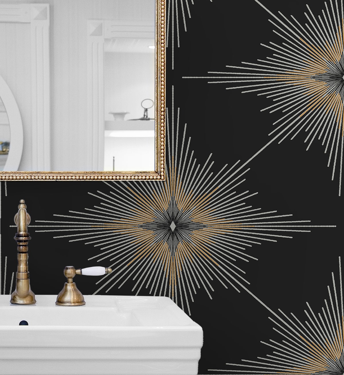 Stellar Geo Ebony peel and stick wallpaper featuring a bold modern geometric star pattern in deep black tones. Removable self-adhesive wallpaper ideal for accent walls in bedrooms, living rooms, dining rooms, offices, hallways, and entryways. Washable, renter-friendly wall covering that adds dramatic contrast and contemporary style to industrial, minimalist, and modern interior design spaces for easy DIY home décor updates.