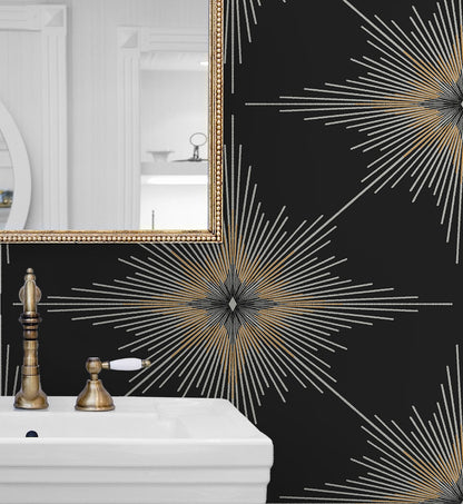 Stellar Geo Ebony peel and stick wallpaper featuring a bold modern geometric star pattern in deep black tones. Removable self-adhesive wallpaper ideal for accent walls in bedrooms, living rooms, dining rooms, offices, hallways, and entryways. Washable, renter-friendly wall covering that adds dramatic contrast and contemporary style to industrial, minimalist, and modern interior design spaces for easy DIY home décor updates.