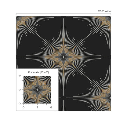 Stellar Geo Ebony peel and stick wallpaper featuring a bold modern geometric star pattern in deep black tones. Removable self-adhesive wallpaper ideal for accent walls in bedrooms, living rooms, dining rooms, offices, hallways, and entryways. Washable, renter-friendly wall covering that adds dramatic contrast and contemporary style to industrial, minimalist, and modern interior design spaces for easy DIY home décor updates.
