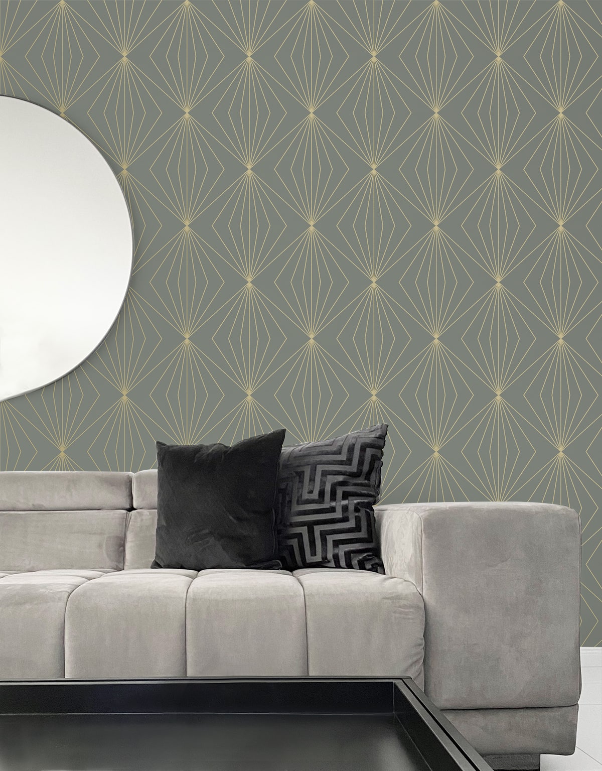 Modern geometric peel and stick wallpaper in grey and metallic gold featuring a repeating diamond-style pattern. Removable wallpaper ideal for modern, glam, and art deco interiors, perfect for accent walls, DIY room makeovers, bedrooms, living rooms, and offices.